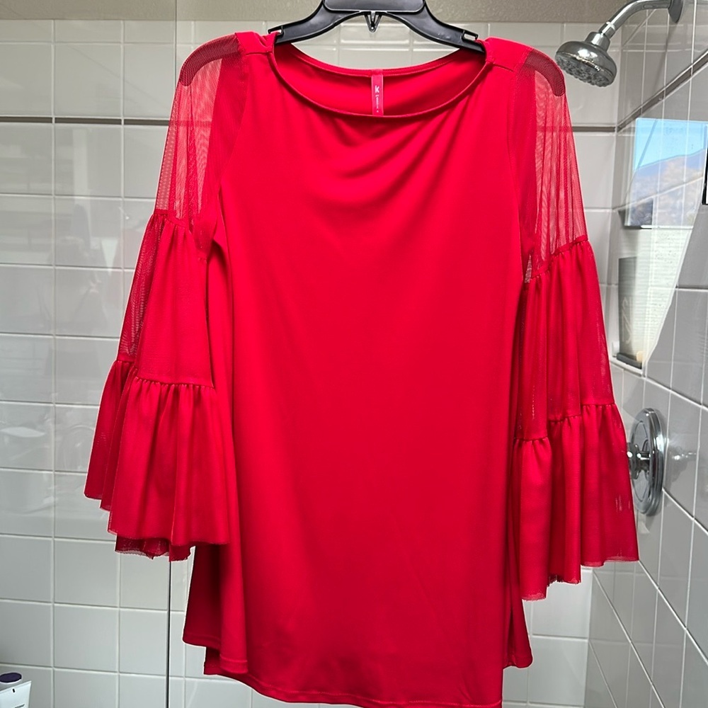 IC by Connie red tunic top with bell sleeves.